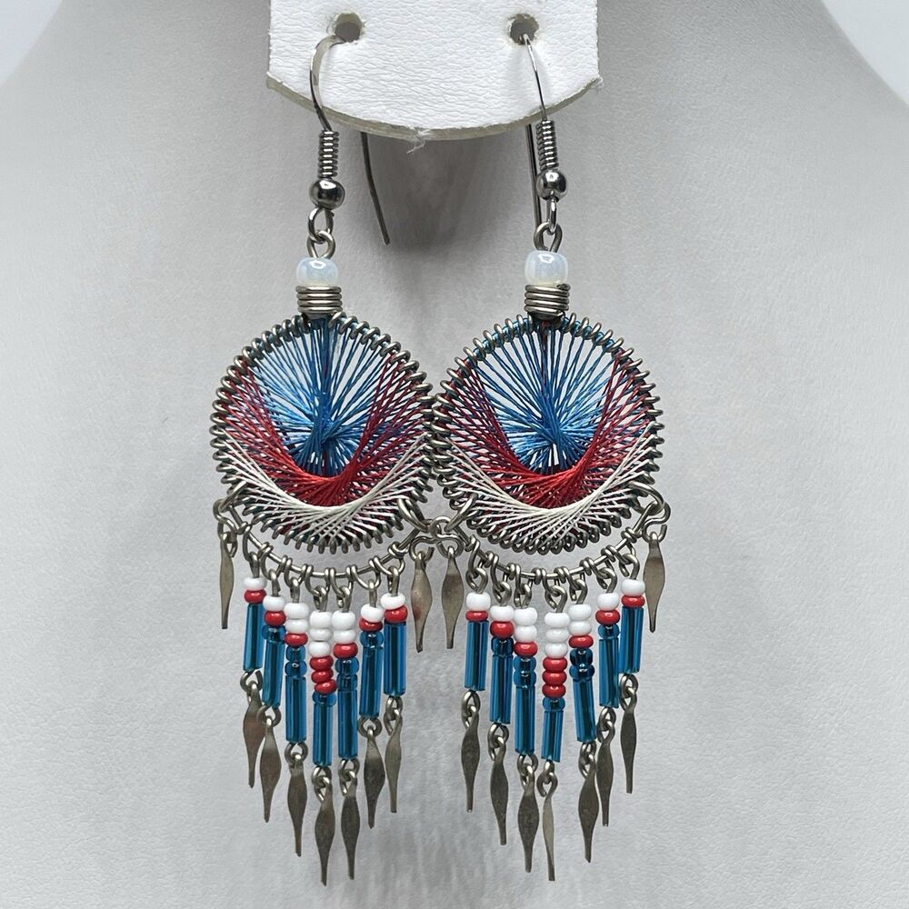 Cute Southwestern Silvertone Blue White Red Beaded Dangle Dream Catcher Earrings